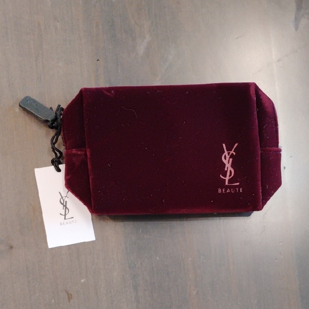 YSL Beaute Burgundy Red Velvet Bag Zip Pouch Small New